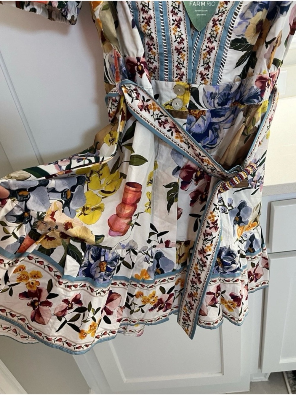 FARM RIO GREEK GARDEN OFF WHITE FLORAL BELTED MINI DRESS new with tag $230 - Picture 10 of 10